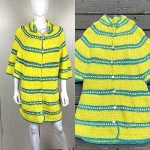 Vintage 70s Handmade Knit Yellow Striped Crochet Sweater Cape Cardigan Sweater